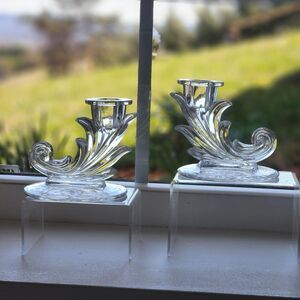 Fostoria Baroque Glass Candlesticks Clear Navarre Etch Candle Holder Pair Flame
